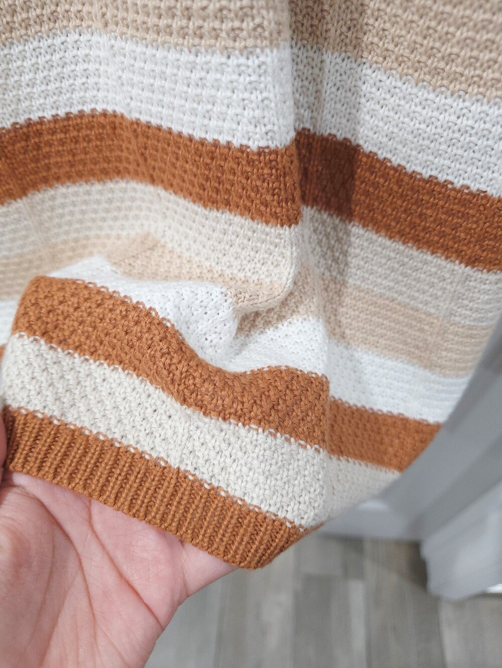 ULTRA FLIRT Boho Crochet Knit Stripe Mini Dress, Vacation, Festival, Cream Brown - Picture 6 of 10